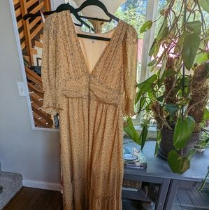 New chiffon yellow floral puffed sleeves maxi dress